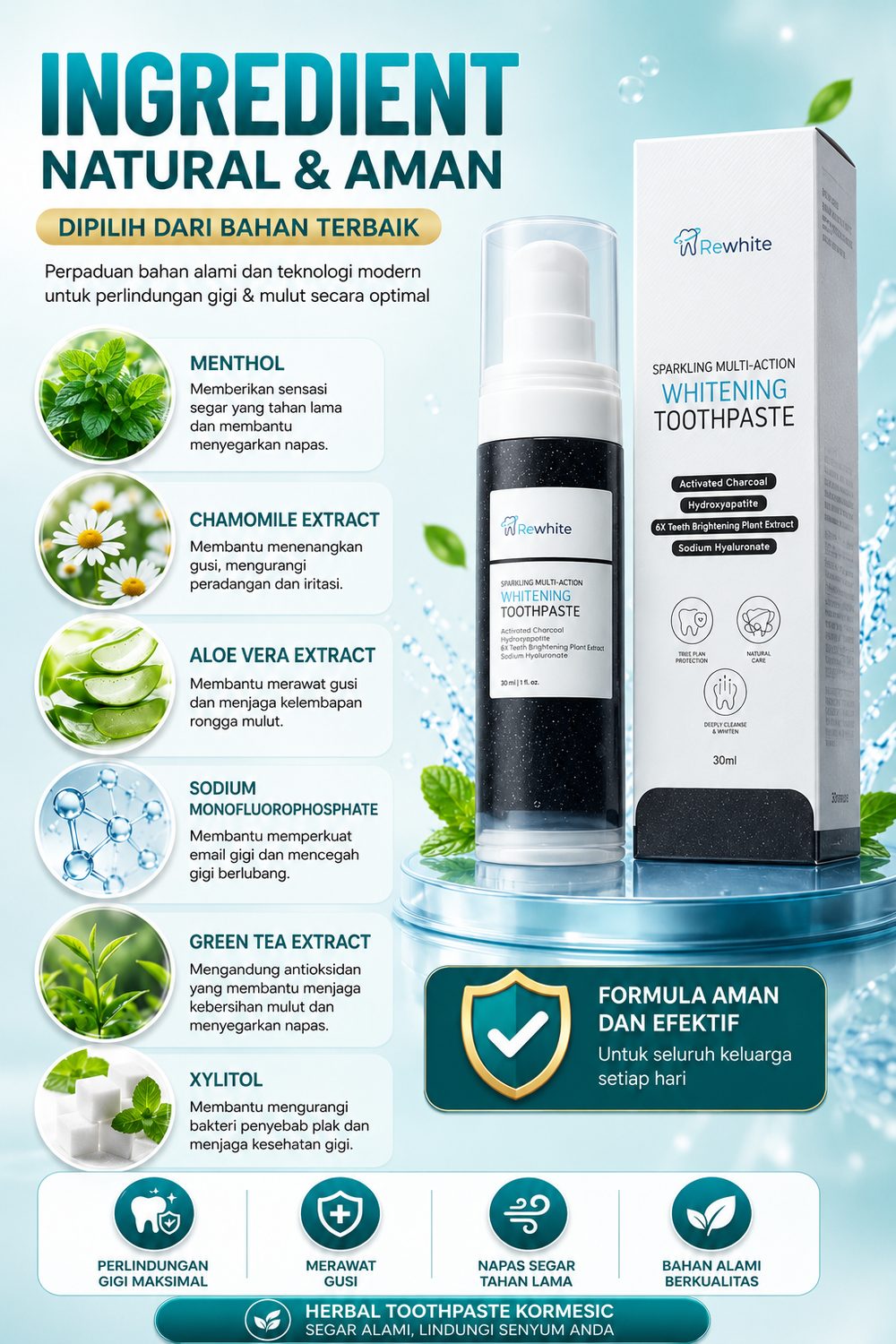 Ingredient natural dan aman Rewhite - Menthol, Chamomile Extract, Aloe Vera, Sodium Monofluorophosphate, Green Tea Extract, Xylitol